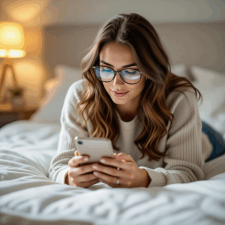 Comfortable woman relaxing on bed using smartphone, cozy bedroom, modern decor, sleeping habits, sleep health, mattress comfort, mattress shopping, sleep tips, mattress guides, sleep hygiene.