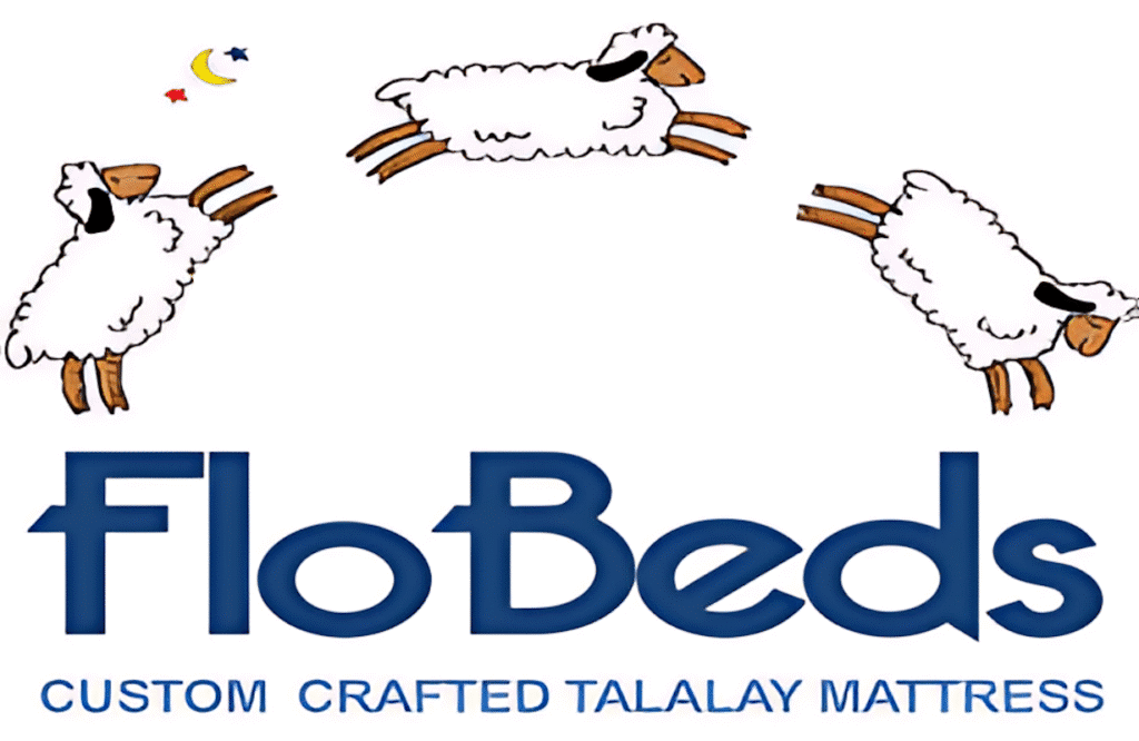 Flobeds custom crafted talalay mattress with cartoon sheep illustration for mattress comparison and sleep comfort keywords.