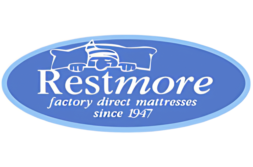 Restmore mattress factory logo with a person soundly sleeping on a bed, emphasizing quality handmade mattresses since 1947.