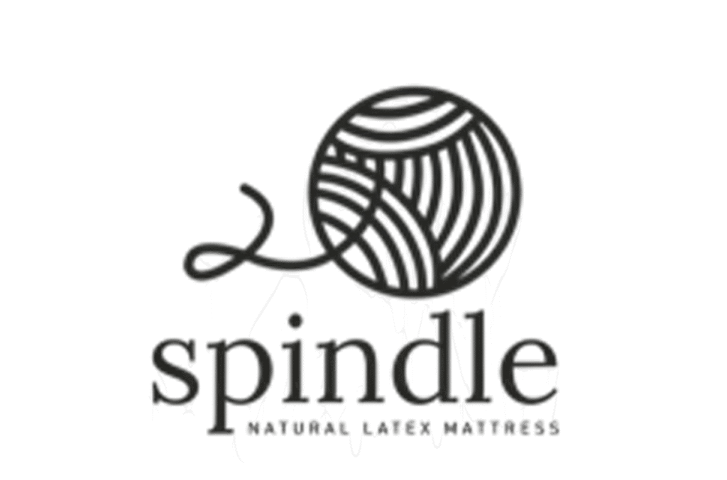 Soft black yarn ball with "spindle" text logo, representing knitting, sewing, or mattress crafting, suitable for mattress and bedding enthusiasts.