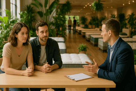 High-quality mattress consultation discussion at mattress store, couple learning about sleep products, bedding store environment, mattress buying advice, sleep health, mattress selection process, Mattress Underground.