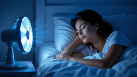 Peaceful young woman sleeping in bed near night lamp, promoting comfortable mattress and sleep quality.