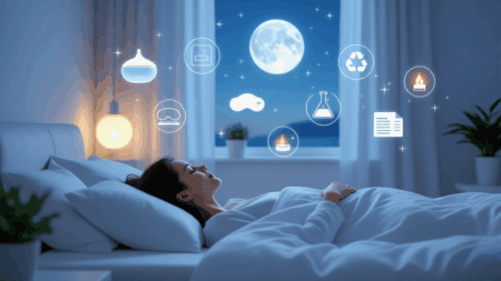 Silk sleeping woman with sleep and sleep-related technology icons, moonlit bedroom highlighting importance of sleep quality and mattress comfort.