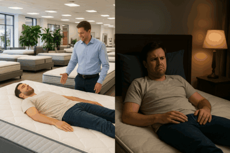Comfortable mattress shopping at mattress store, vs same mattress uncomfortable at home. What customers need to know