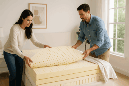 A couple assembling a wide, customizable latex mattress in a bright bedroom, highlighting FloBeds’ personalized, split-firmness mattress design for tailored comfort.