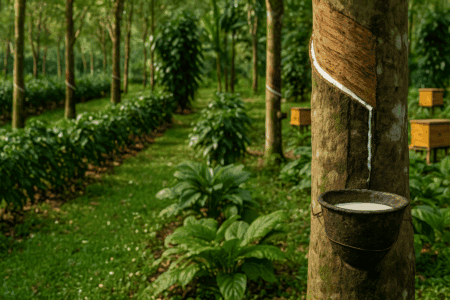 A biodiverse agroforest representing Moreganic latex certification focused on sustainable, regenerative rubber farming.