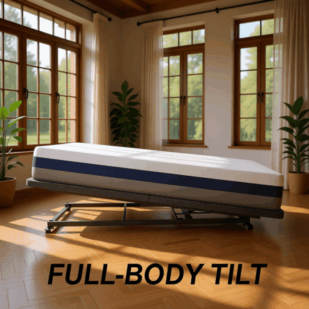 High-quality full incline tilt adjustable base and latex mattress in a bright bedroom for enhanced restorative and comfortable and supportive sleep.