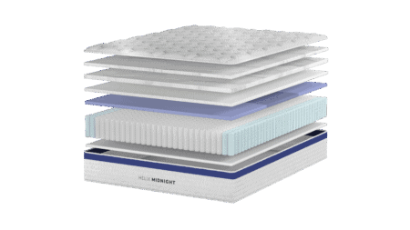 Layers of a luxury mattress with foam, latex, and cooling gel components, showcasing high-quality sleep support.
