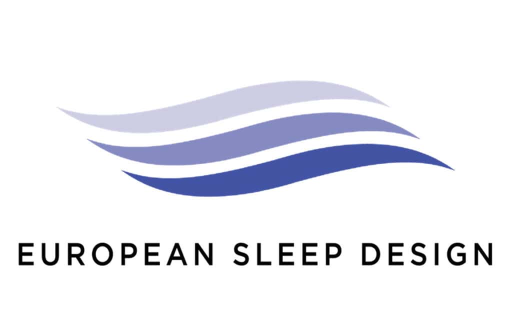 High-quality image of European Sleep Design logo featuring a stylized wave pattern in blue shades, emphasizing sleep solutions, mattress design, and European craftsmanship.