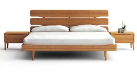 Modern wooden bed frame with two matching nightstands, minimalist design, ideal for a comfortable bedroom setup.