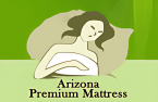 Soft illustration of a woman with dark hair lying in bed on a green background, promoting Arizona premium mattress options.